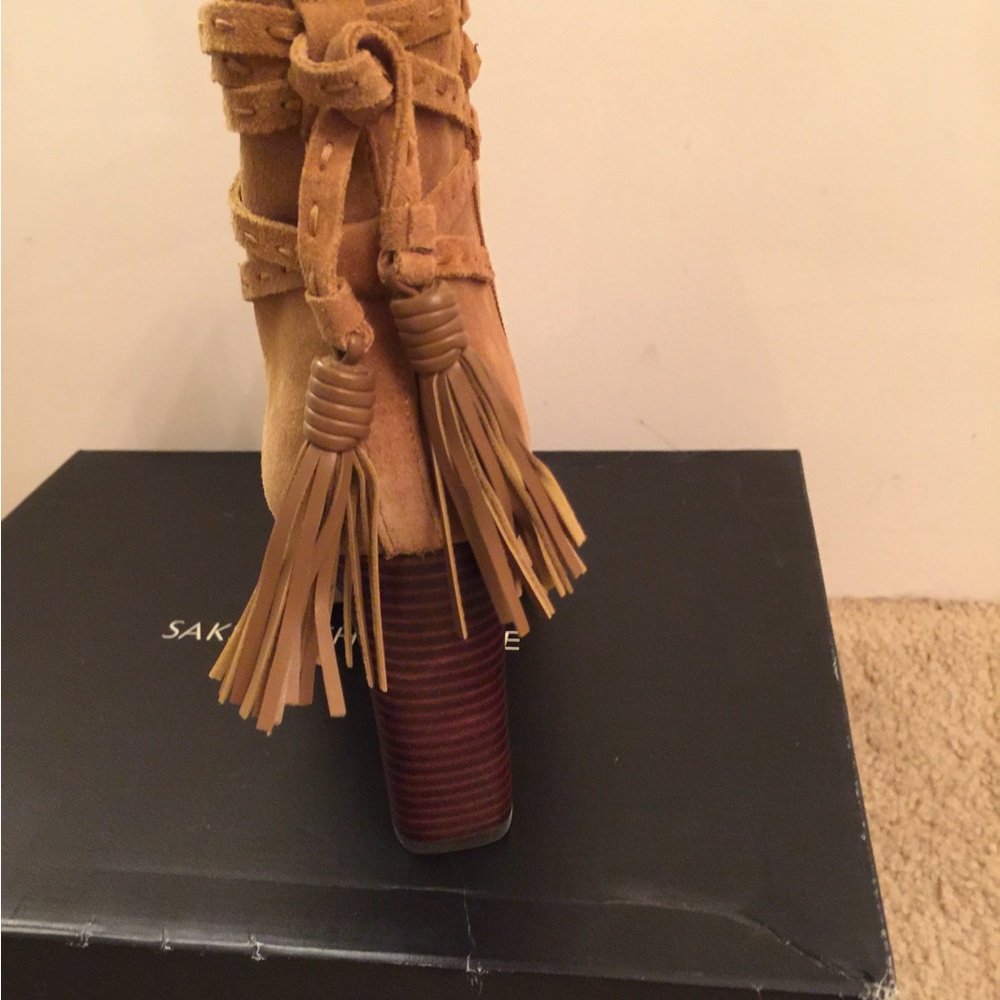 New. Saks Fifth Avenue High Suede Heel Ankle Boots with Tassels.